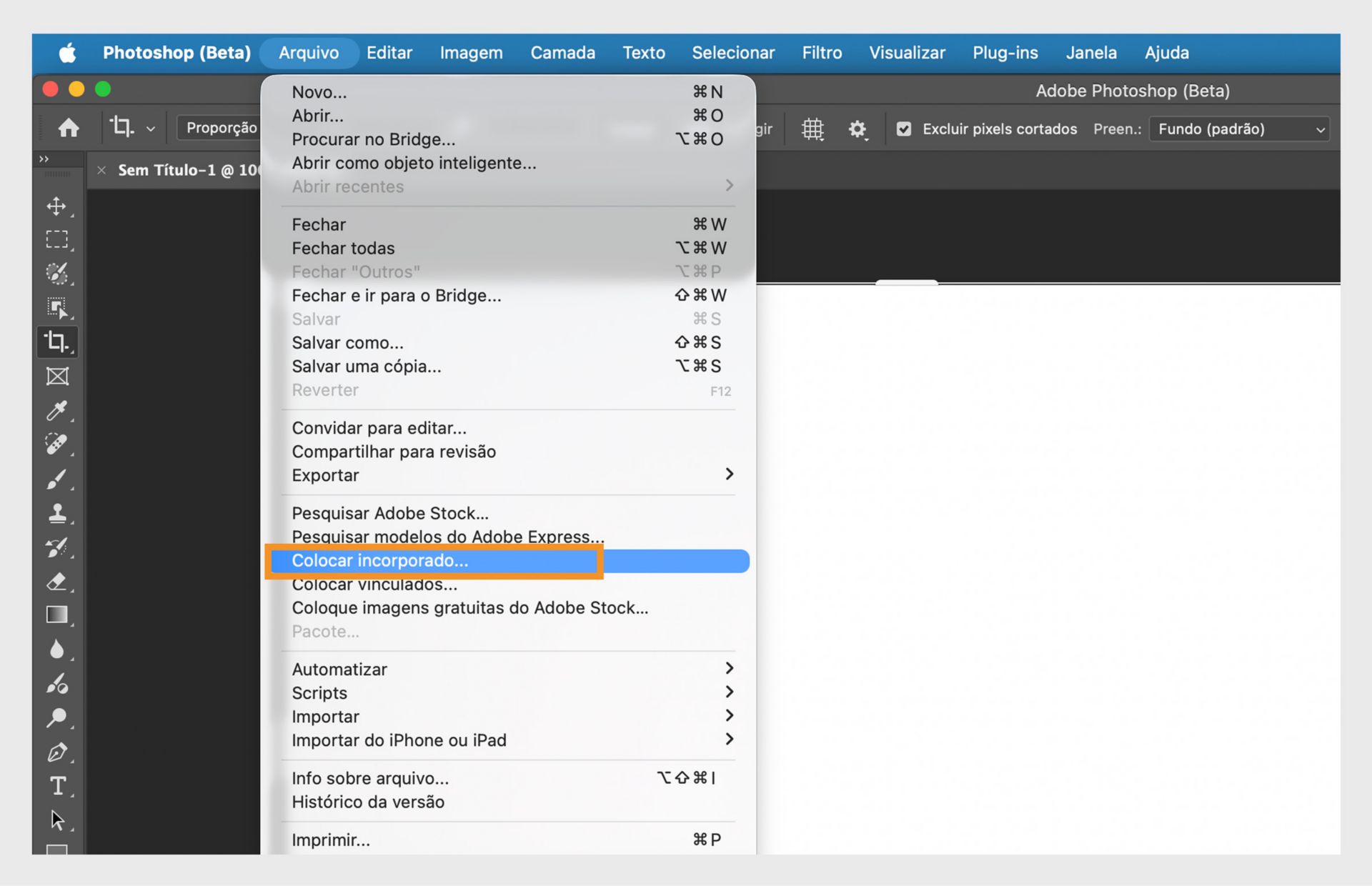 Photoshop (Beta) destacando a opção “Inserir incorporado” para inserir um arquivo no documento como uma camada separada.