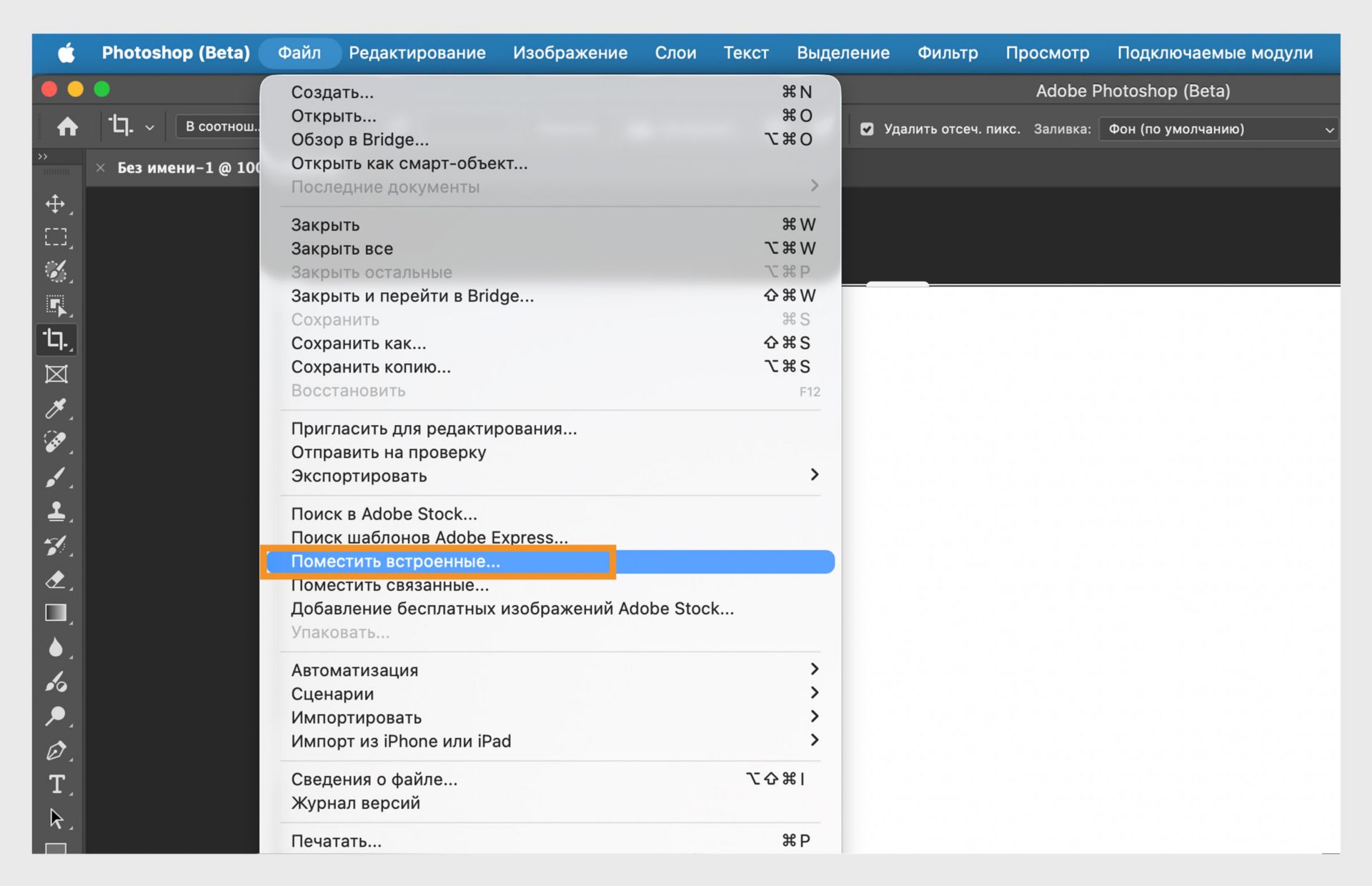 В Photoshop (Beta) выбрана функция «Разместить встроенный» для добавления файла в документ на отдельном слое.