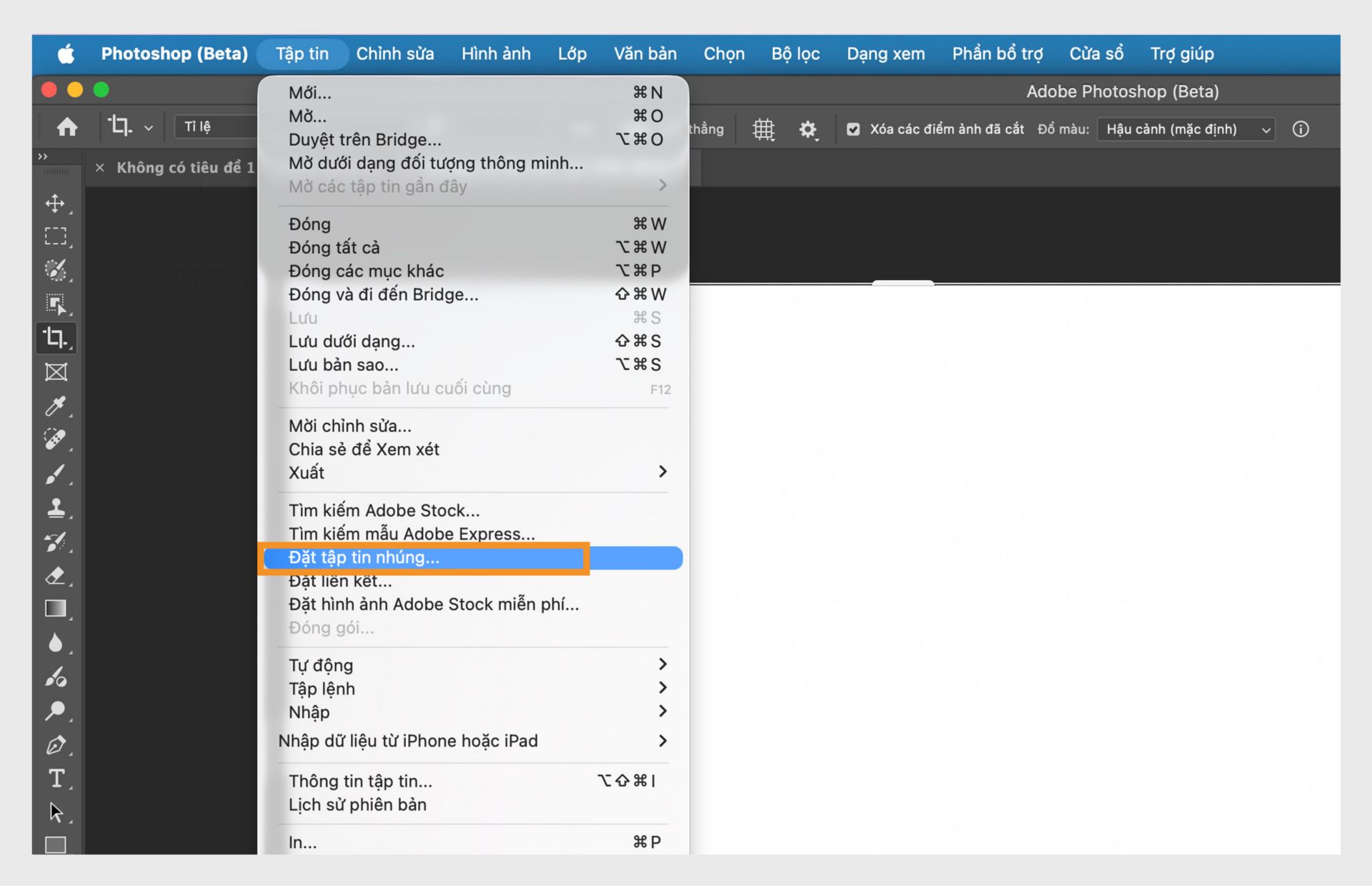 Photoshop (Beta) làm nổi bật tùy chọn "Đặt nhúng" để chèn tập tin vào tài liệu dưới dạng một lớp riêng biệt.