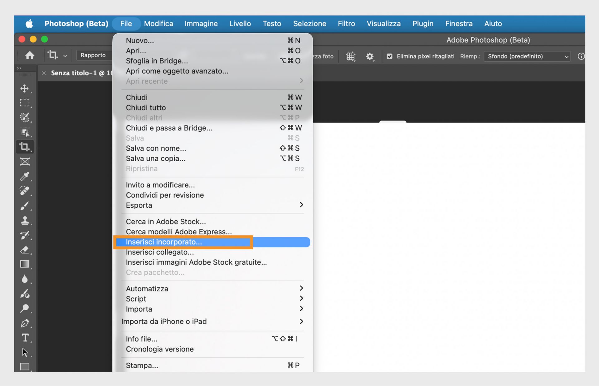 Photoshop (Beta) che evidenzia l'opzione "Inserisci incorporato" per inserire un file nel documento come livello separato.