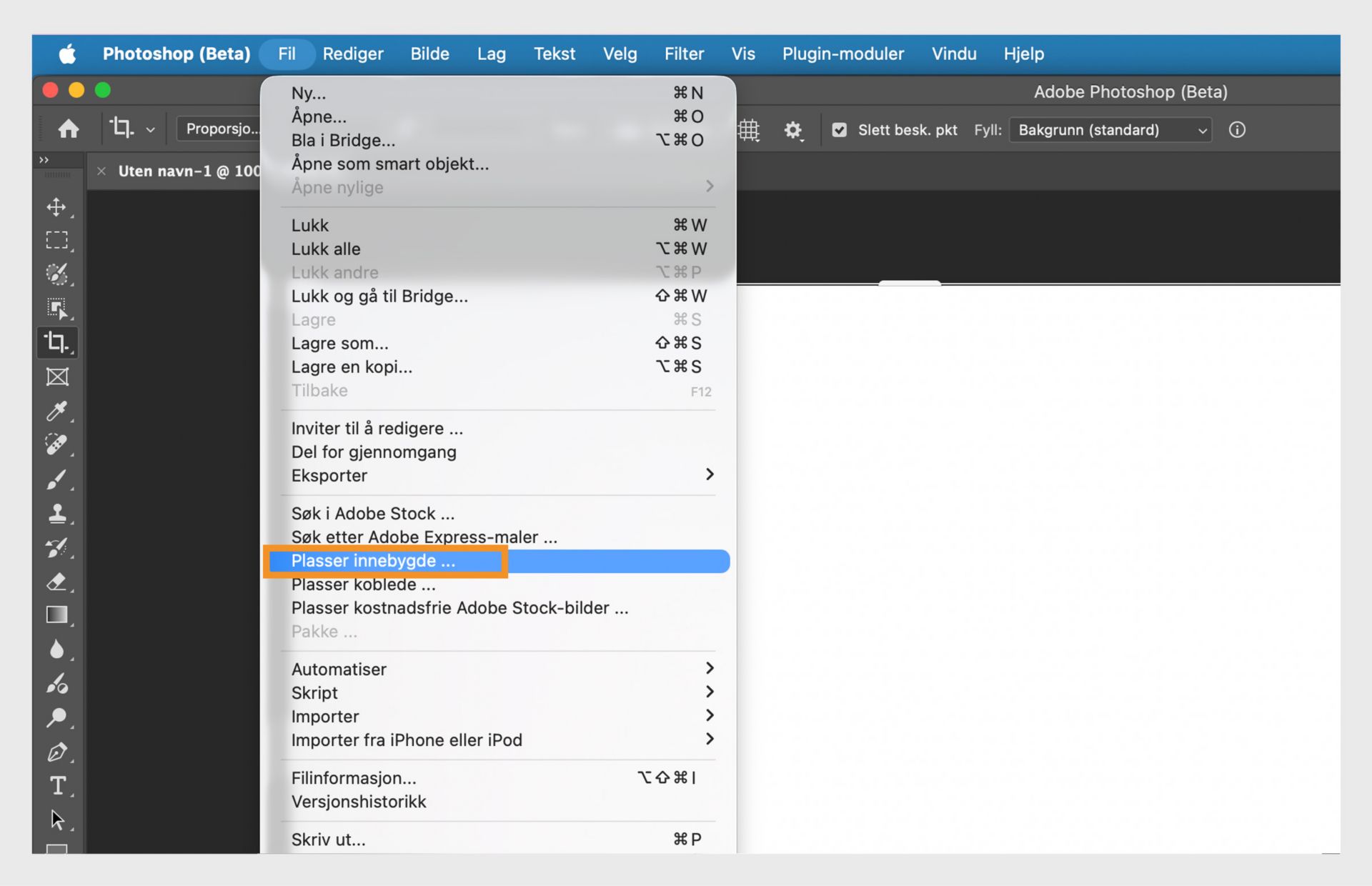 Photoshop (Beta) som fremhever alternativet "Sett inn innebygd" for å sette inn en fil i dokumentet som et separat lag.
