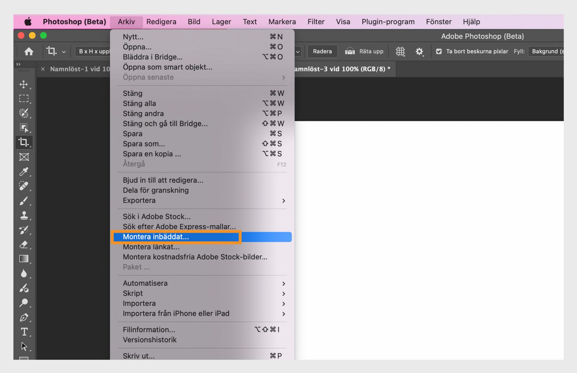 photoshop (beta) som markerar alternativet "Montera inbäddat" för att infoga en fil i dokumentet som ett separat lager.