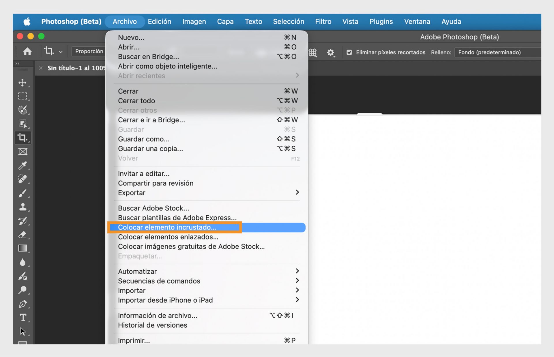 photoshop (beta) resaltando la opción "Colocar incrustado" para insertar un archivo en el documento como una capa separada.