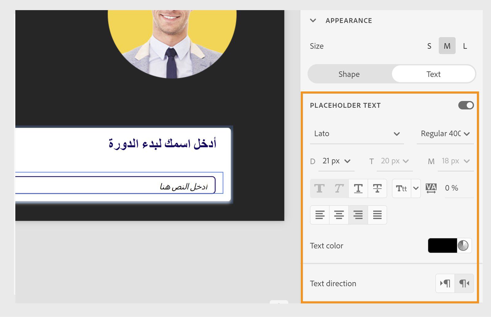 Agregar texto de marcador de posición para campos de entrada en RTL