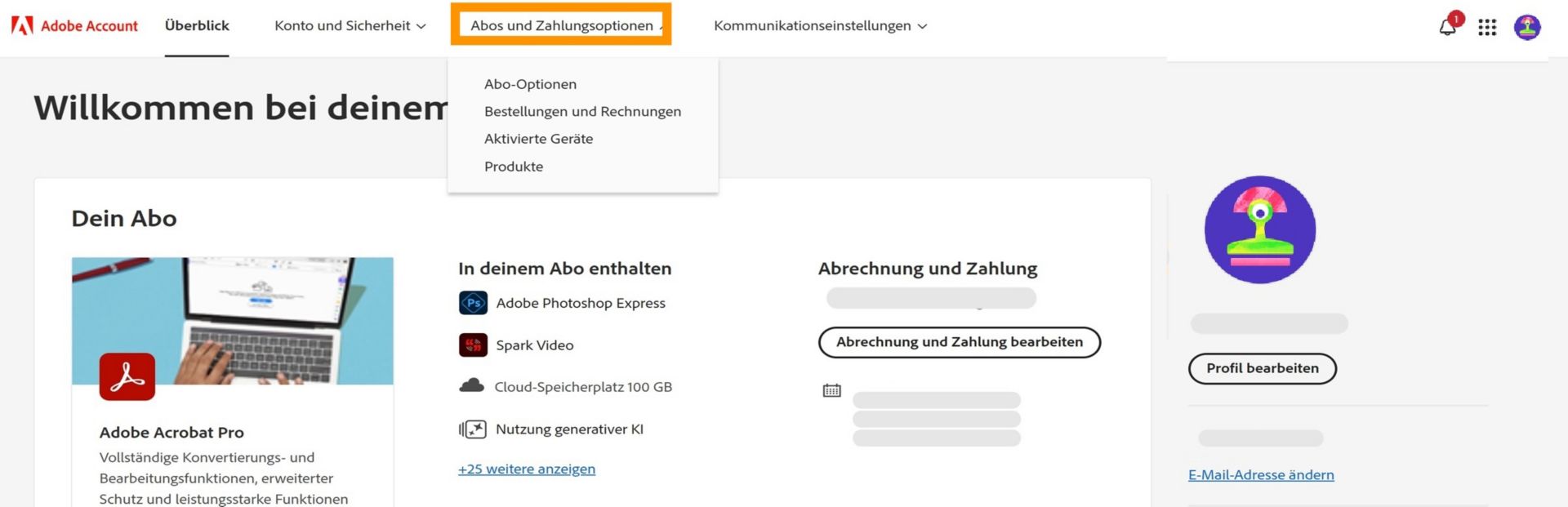 Adobe-Kontoseite, auf der die Registerkarte „Abos und Zahlung“ mit den Abonnementdetails für das Creative Cloud Foto-Abo hervorgehoben ist.