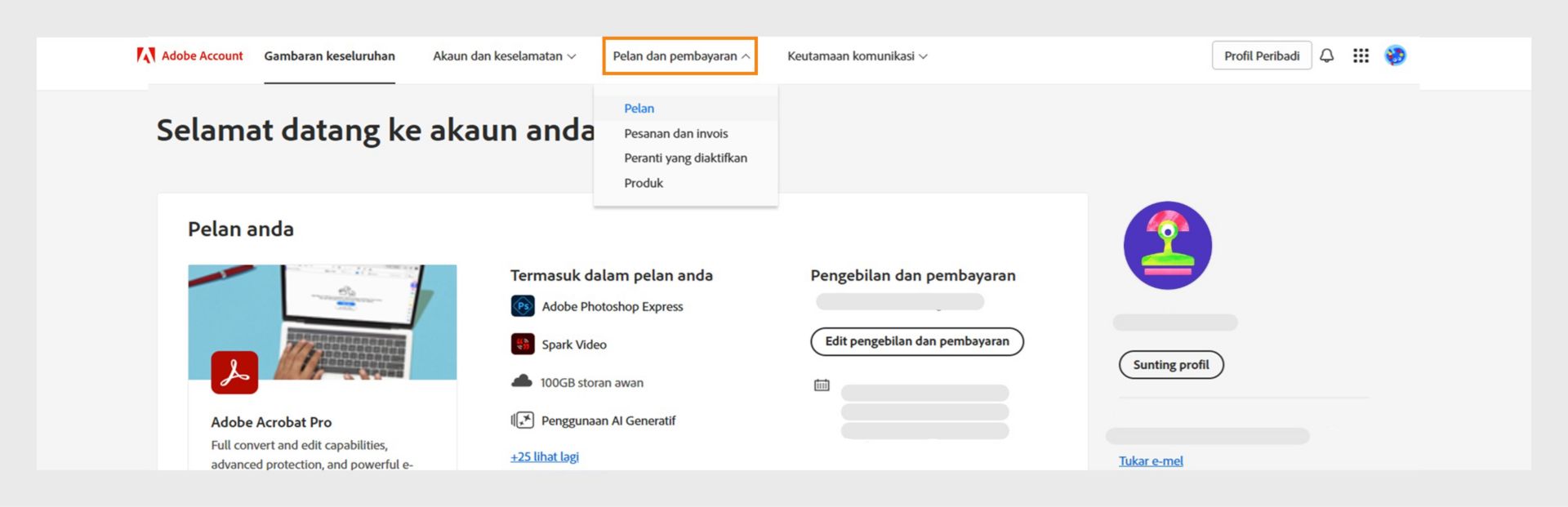 Halaman Akaun Adobe menyerlahkan tab Pelan dan pembayaran, yang memaparkan butiran langganan untuk pelan Creative Cloud Photography.