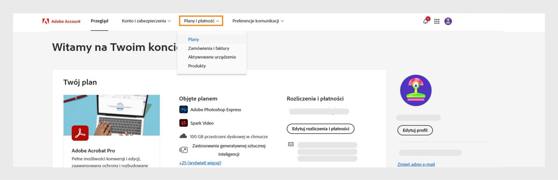 Strona konta Adobe z podświetloną kartą Plany i płatności z widocznymi szczegółami subskrypcji planu Creative Cloud Photography.