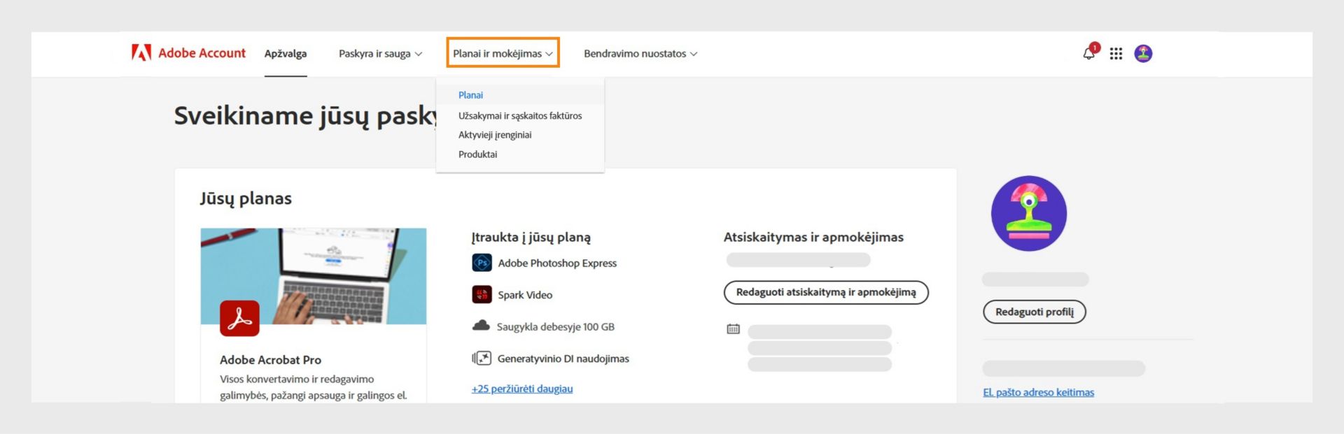 „Adobe“ paskyros puslapis, kuriame paryškintas planų ir mokėjimų skirtukas ir rodoma „Creative Cloud“ fotografijos plano prenumeratos informacija.