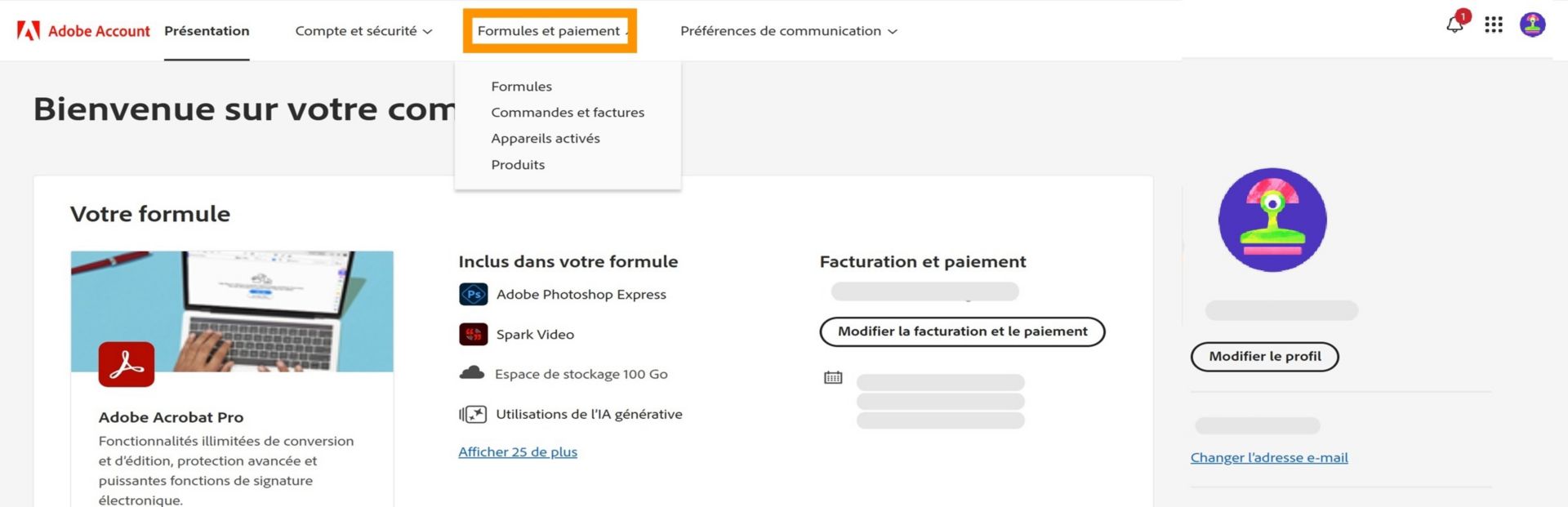 Page Compte Adobe mettant en évidence l’onglet Formules et paiement, affichant les détails d’abonnement à la formule Creative Cloud pour la Photo.