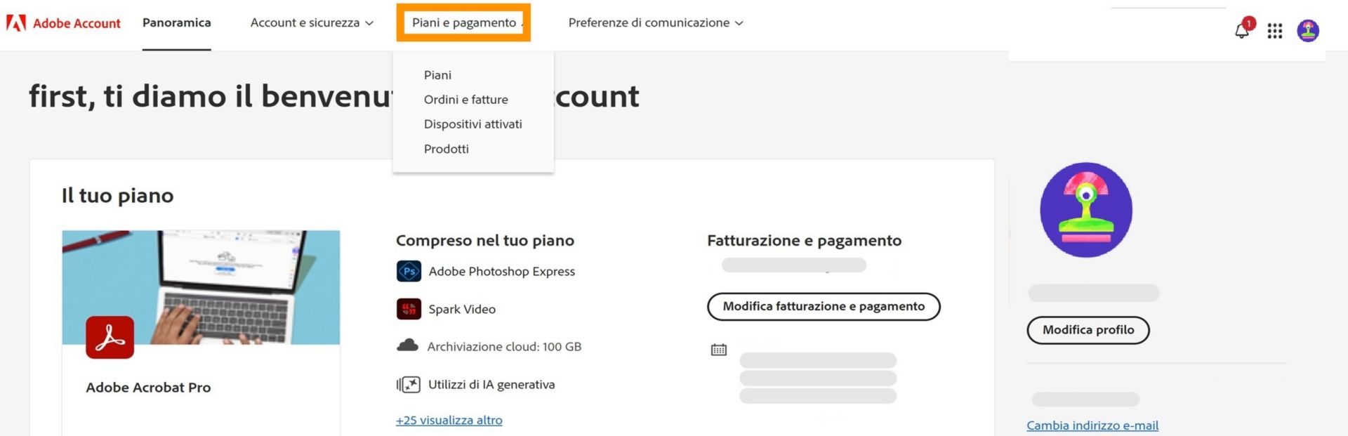 Pagina dell'account Adobe in cui è evidenziata la scheda Piani e pagamento, con i dettagli dell'abbonamento per il piano Fotografia Creative Cloud.