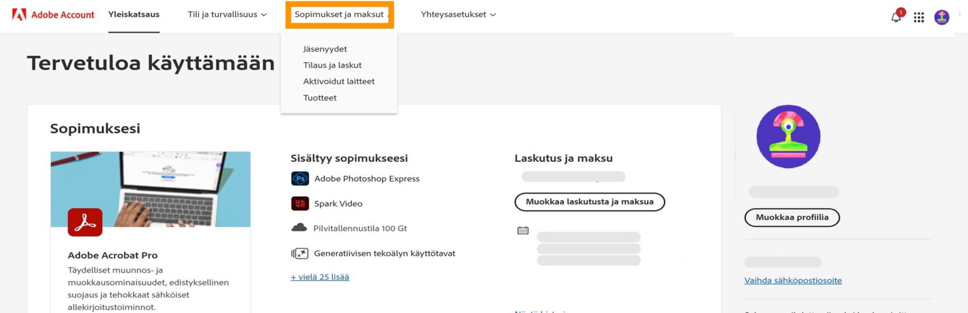 Adobe-tilin sivu, jolla on korostettu Tilaukset ja maksu -välilehti, jolla näkyvät Creative Cloud -valokuvausjäsenyyden tilaustiedot.