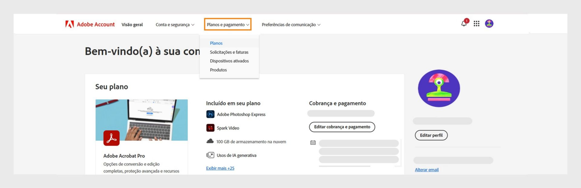 Página da Conta da Adobe destacando a guia de Planos e pagamento, exibindo detalhes da assinatura do Plano de Fotografia do Creative Cloud.