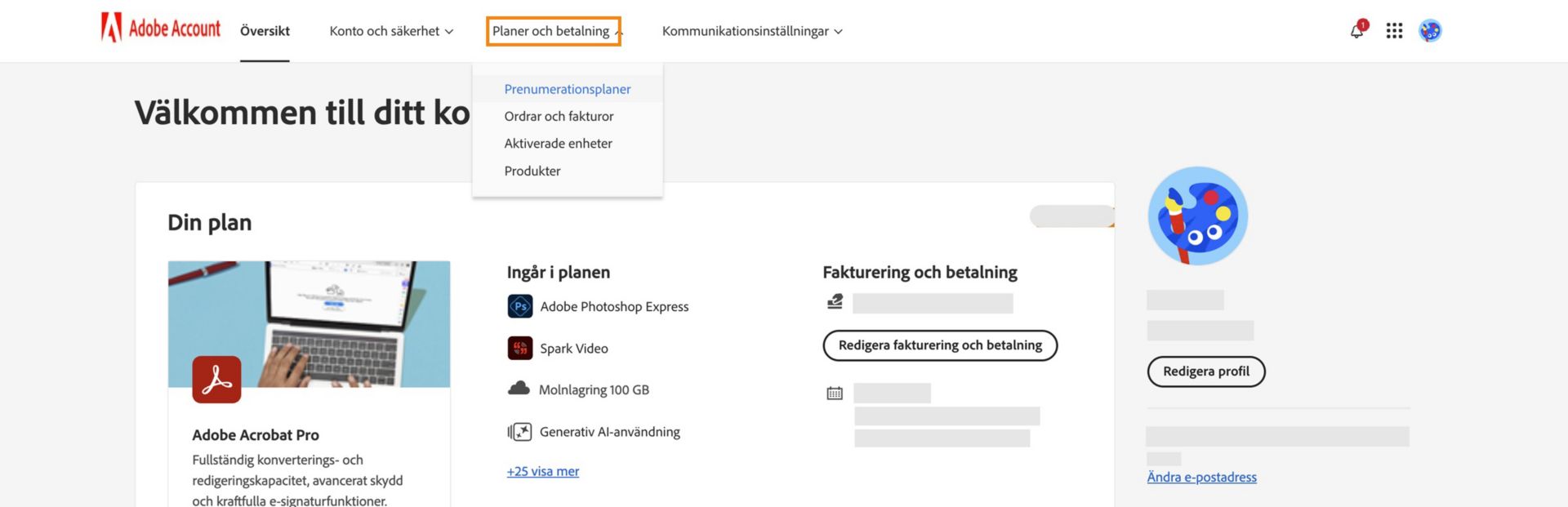 Adobe-kontosidan där fliken Planer och betalning syns visas prenumerationsinformation för planen Creative Cloud Photography.