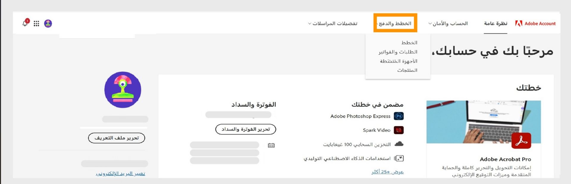 تعرض صفحة حساب Adobe علامة تبويب الخطط والدفع، وتعرض أيضًا تفاصيل الاشتراك لخطة Creative Cloud Photography.