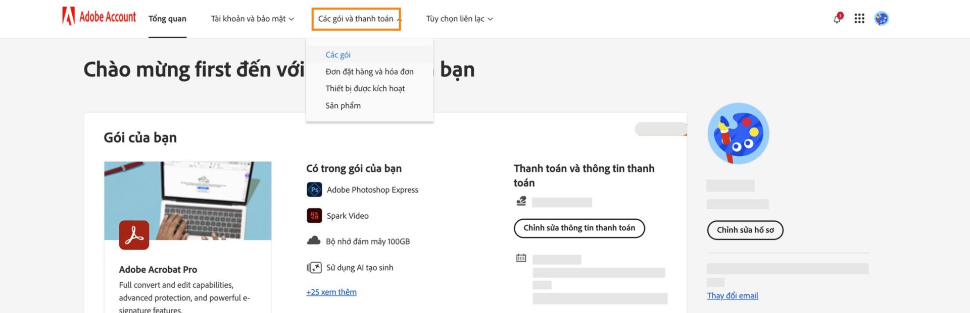 Tài khoản Adobe với tab Gói và thanh toán được tô sáng, hiển thị chi tiết đăng ký của gói Nhiếp ảnh Creative Cloud.
