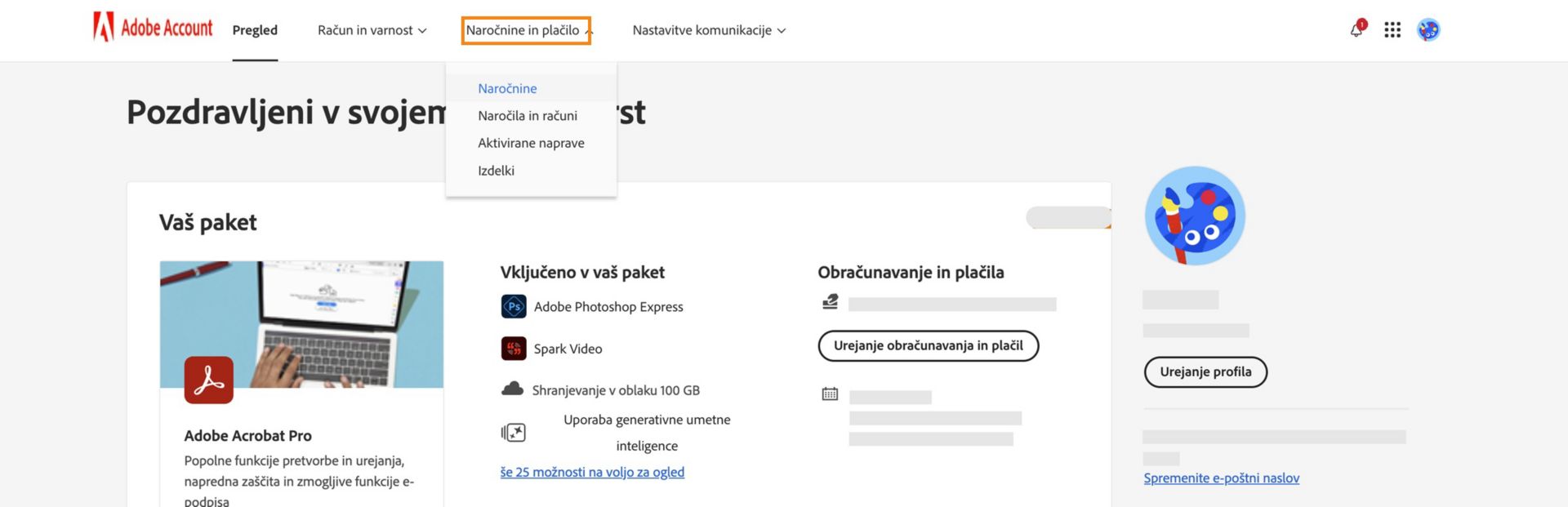 Stran računa Adobe z označenim zavihkom Paketi in plačilo, ki prikazuje podrobnosti naročnine na paket Creative Cloud Photography.