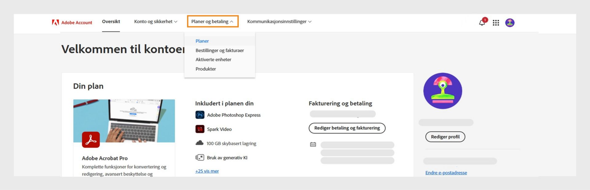 Adobe-kontoside med fanen Planer og betaling fremhevet, med abonnementsdetaljer for Creative Cloud-fotoplanen.