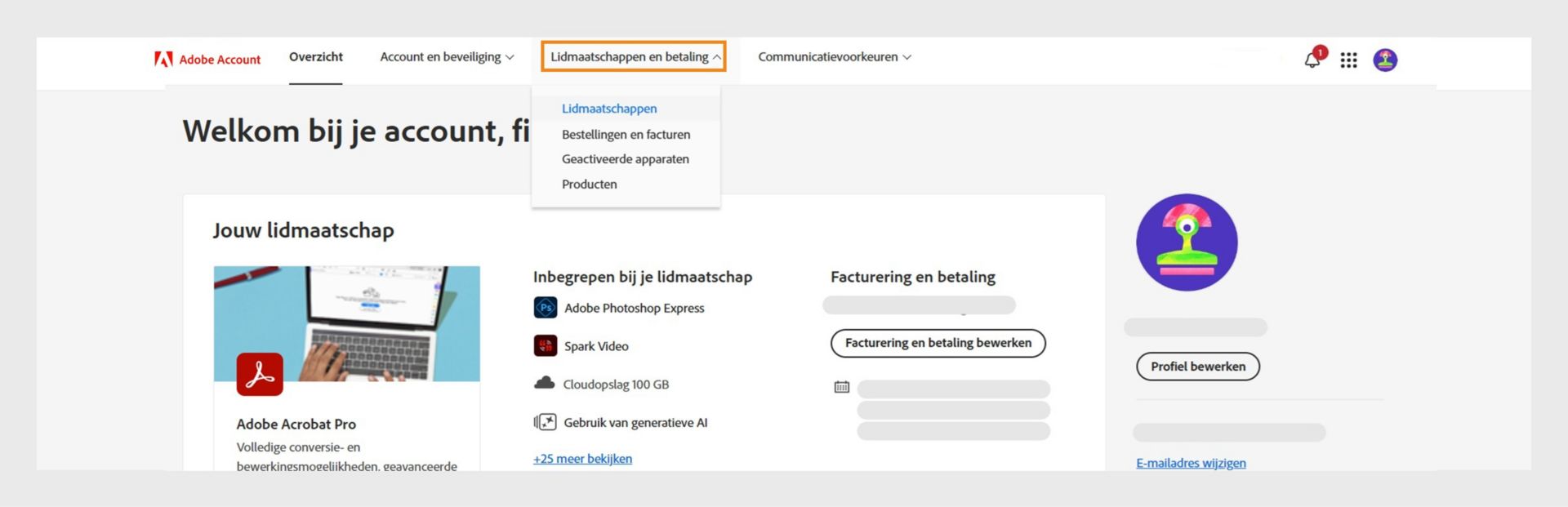 De Adobe-accountpagina met het tabblad Lidmaatschappen en betaling waarop abonnementsgegevens voor het Creative Cloud Fotografielidmaatschap worden weergegeven.