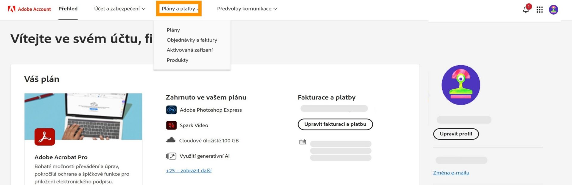 Stránka účtu Adobe zvýrazňující karty plány a platby, zobrazující podrobnosti o předplatném Creative Cloud Plánu pro digitální fotografii.