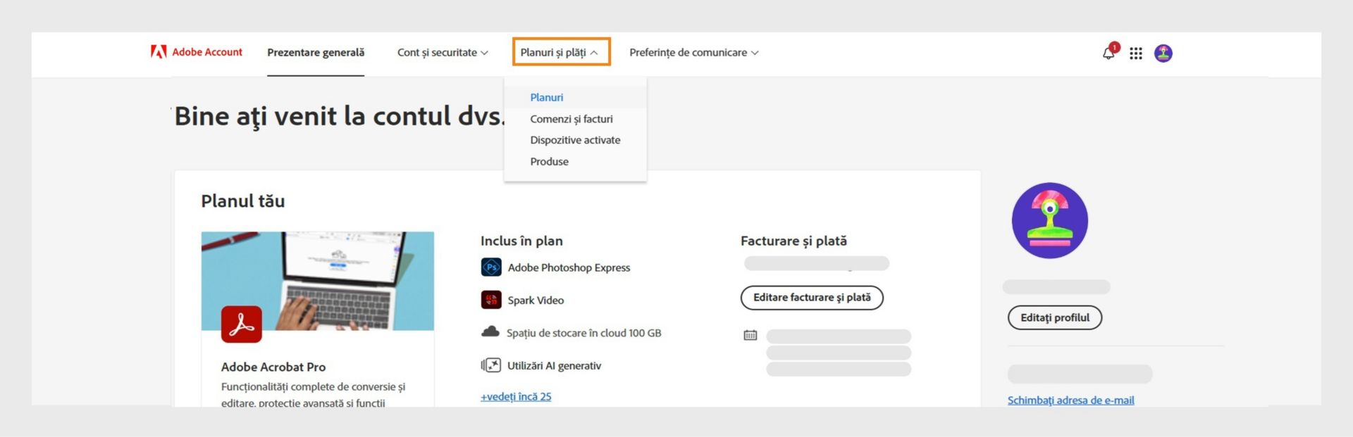 Pagina Cont Adobe cu fila Planuri și plată evidențiată, pe care apar detaliile abonamentului la Planul pentru fotografie Creative Cloud.