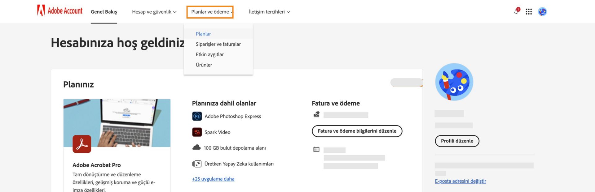Creative Cloud Fotoğrafçılık planı abonelik ayrıntılarını görüntüleyen Planlar ve ödeme sekmesinin vurgulandığı Adobe Hesabı sayfası.