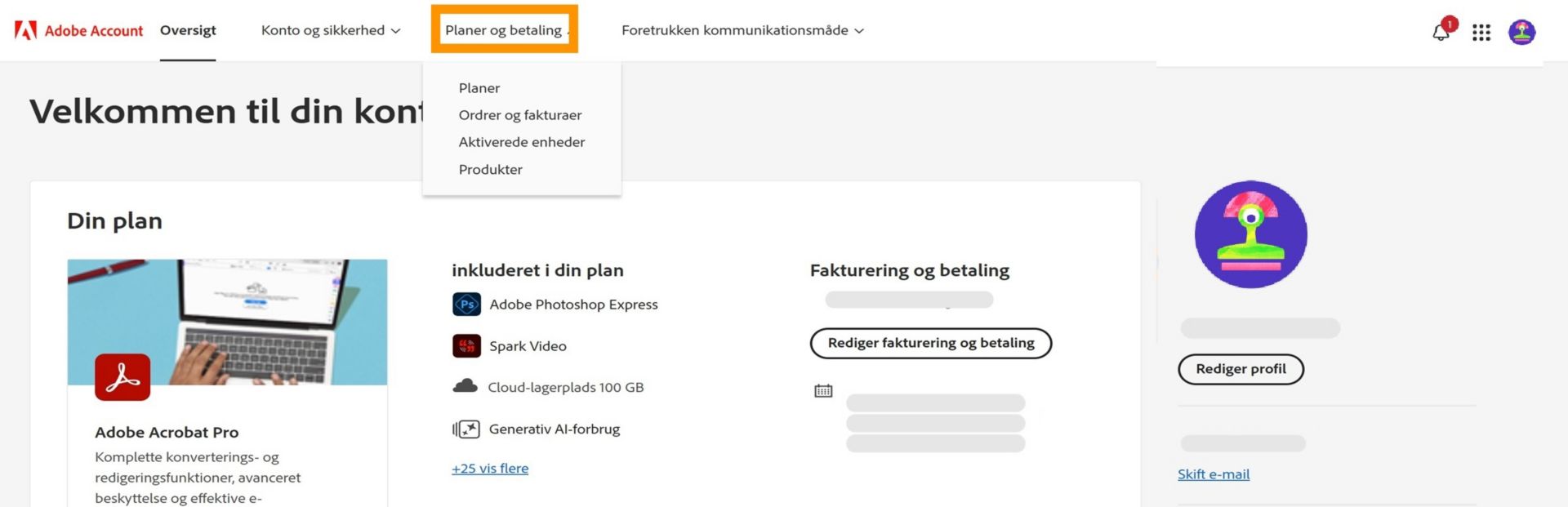 Siden Adobe-konto med fanen Planer og betaling fremhævet, og abonnementsoplysninger vises for Creative Cloud-fotografiplanen.