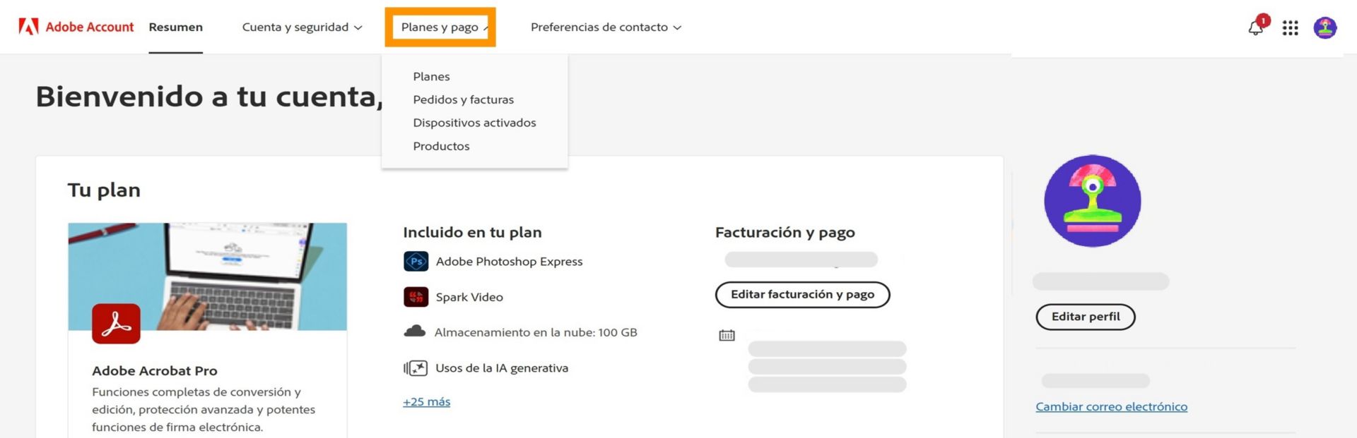 Página Cuenta de Adobe en la que se resalta la pestaña Planes y pago, en la que se muestran los detalles de la suscripción al plan fotográfico de Creative Cloud.
