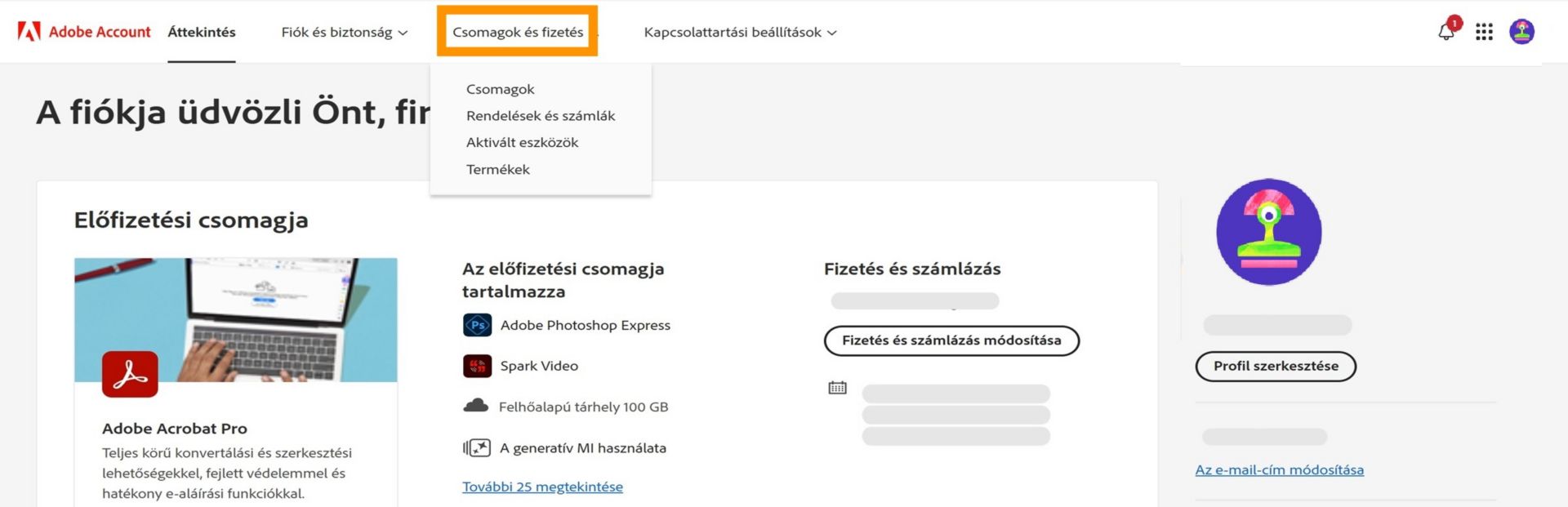 Az Adobe-fiók oldal, amelyen kiemelve látható az „Előfizetési csomagok és fizetés” fül, és amelyen a Creative Cloud Fotós csomag előfizetési adatai szerepelnek.