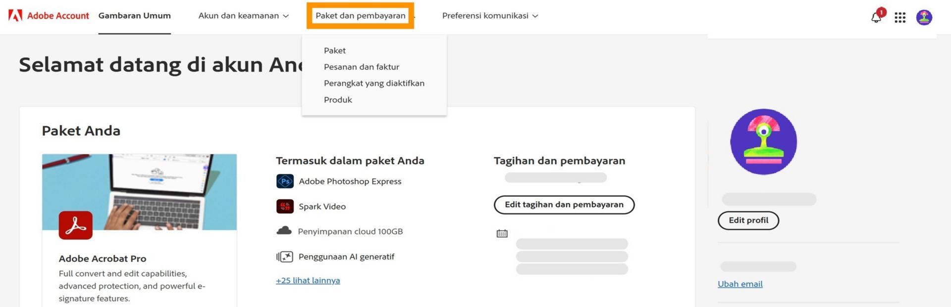 Halaman akun Adobe menyoroti tab Paket dan pembayaran, menampilkan detail langganan untuk paket Fotografi Creative Cloud.