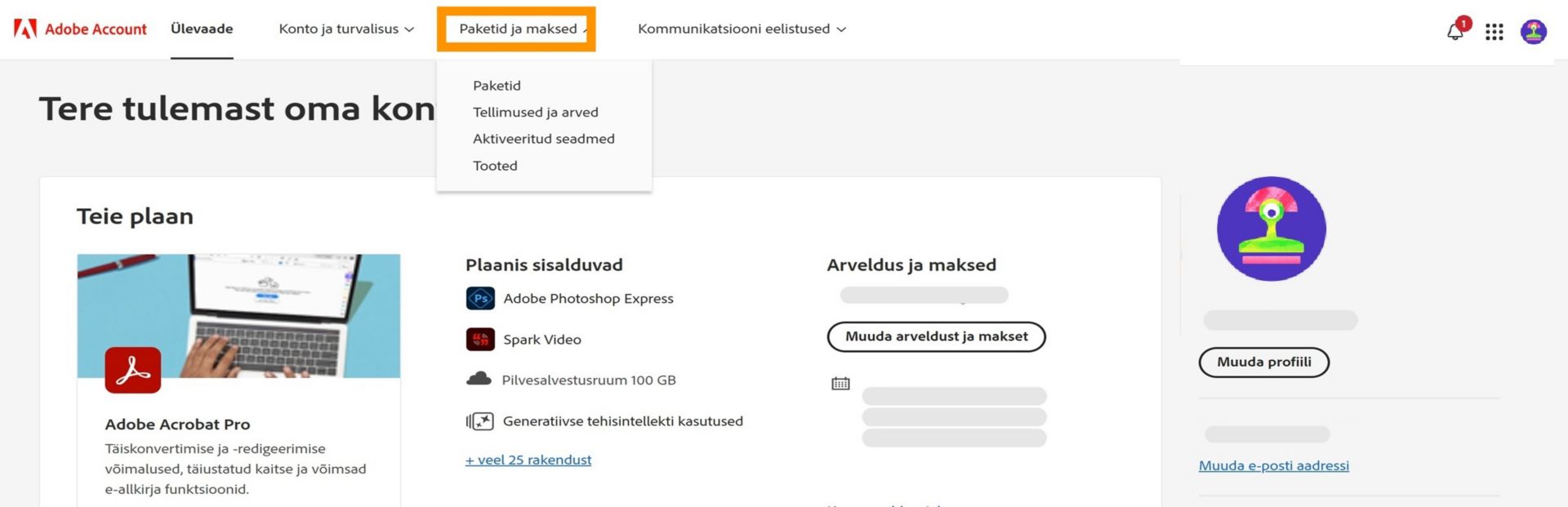 Adobe'i konto leht, kus on esile tõstetud vahekaart „Plaanid ja maksed“, kus kuvatakse Creative Cloud Photography plaani tellimuse üksikasjad.
