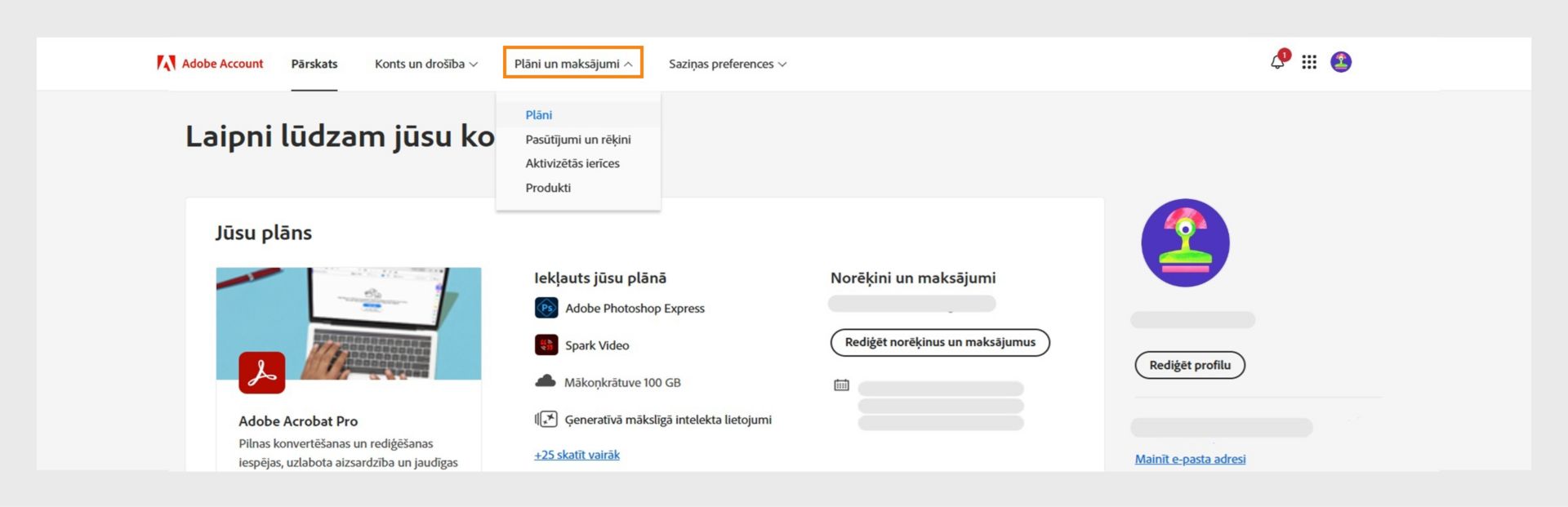 Adobe konta lapā ir izcelta cilne Plāni un maksājums, un tajā tiek rādīta detalizēta informācija par Creative Cloud plānu fotogrāfijām abonementu.