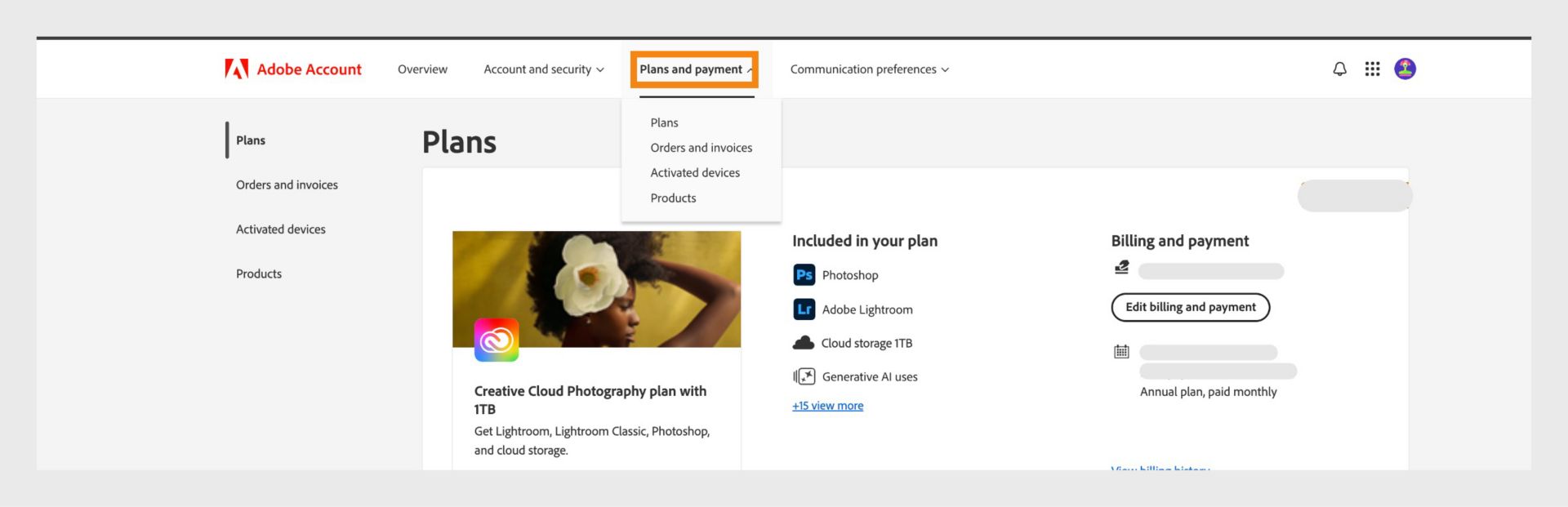 Adobe Account page showing “Plans and payment” tab open and its dropdown options visible, including Plans, Payment methods, Orders and invoices, Activated devices, and Products.