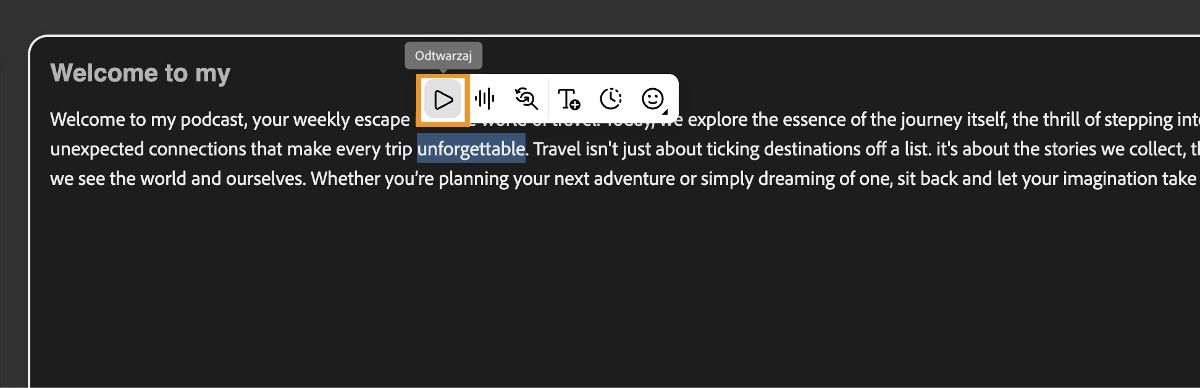Ekran zamiany tekstu na mowę wyświetla okno edytora tekstu z podświetlonym przyciskiem Odtwórz, umożliwiającym podgląd wyjścia głosowego.