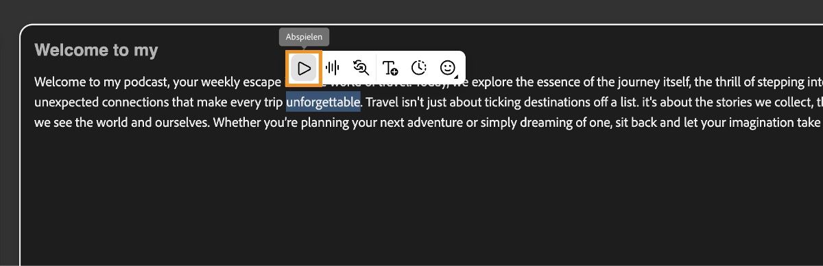 Auf der Seite „Sprache generieren“ wird das Editor-Fenster angezeigt. Die Schaltfläche „Wiedergabe“ ist hervorgehoben, um eine Vorschau der Sprachausgabe anzuhören.