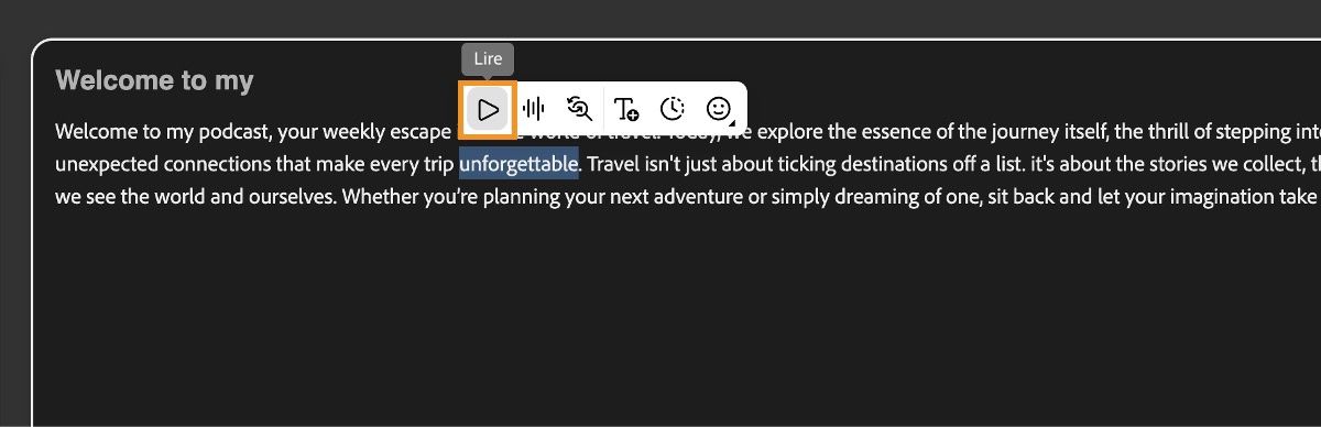 La page Générer la parole présente la fenêtre de l’éditeur de texte avec le bouton Lire mis en évidence ; il permet d’obtenir un aperçu de la sortie vocale.