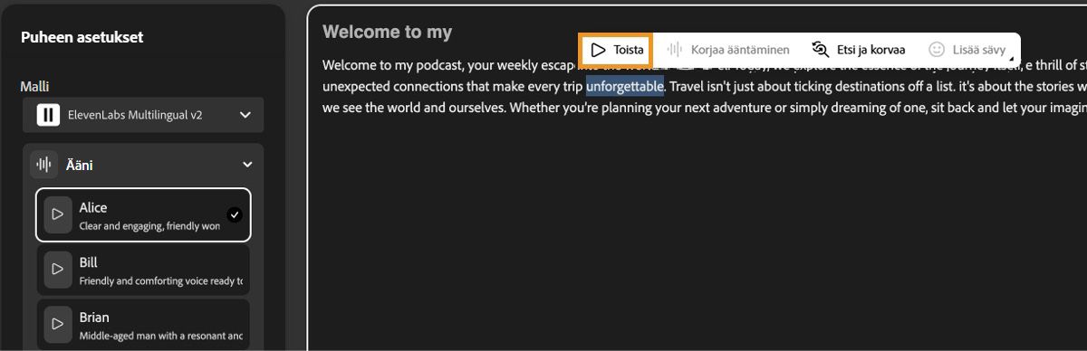 Teksti puheeksi -näytössä näkyy tekstieditori-ikkuna, ja Toista-painike on korostettuna äänen esikuuntelua varten.