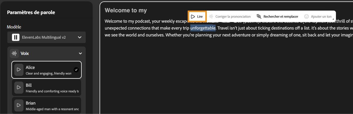 La page Du texte à la parole présente la fenêtre de l’éditeur de texte. Le bouton Lire est mis en évidence ; il permet d’obtenir un aperçu de la sortie vocale.
