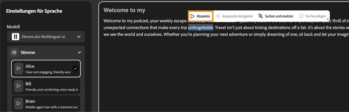 Auf dem Bildschirm „Test zu Sprache“ wird das Texteditor-Fenster angezeigt. Die Schaltfläche „Wiedergabe“ ist hervorgehoben, um eine Vorschau der Sprachausgabe anzuhören.