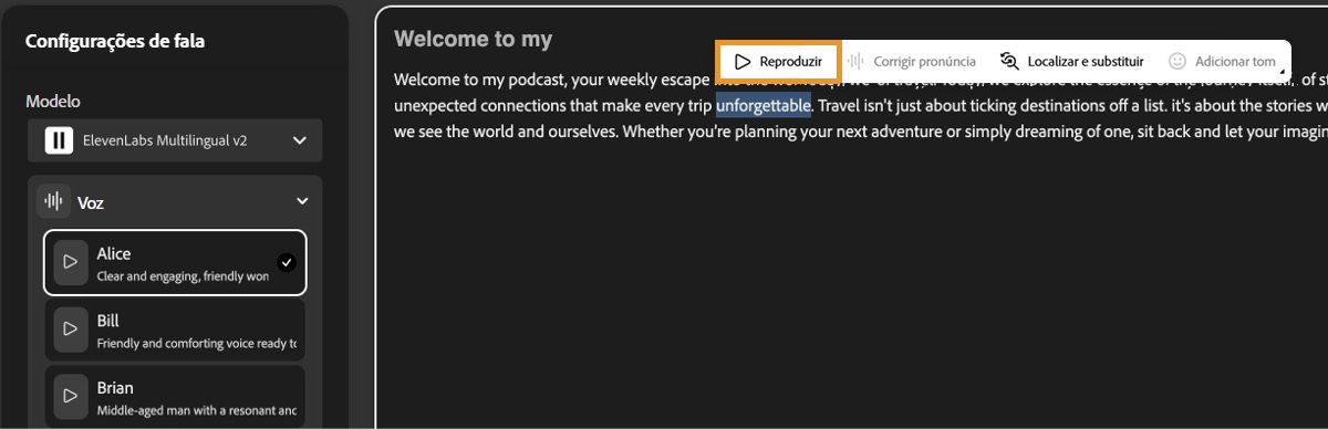 A tela Texto para fala exibe a janela do editor de texto com o botão Reproduzir destacado para pré-visualizar a saída de voz.