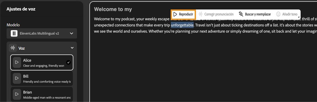 La pantalla De texto a voz muestra la ventana del editor de texto con el botón Reproducir resaltado para obtener una vista previa de la salida de voz.