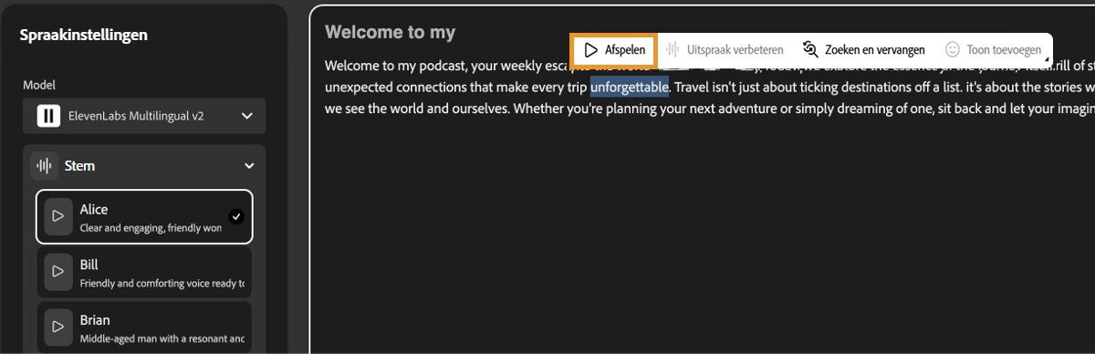 Het scherm Tekst naar spraak toont het venster teksteditor met de knop Afspelen gemarkeerd om een voorbeeld van de stemuitvoer te beluisteren.
