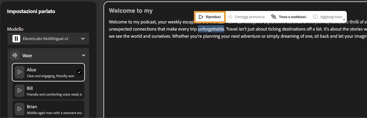 La schermata Da testo a parlato mostra la finestra dell'editor di testo con il pulsante Riproduci evidenziato per l'anteprima dell'output vocale.