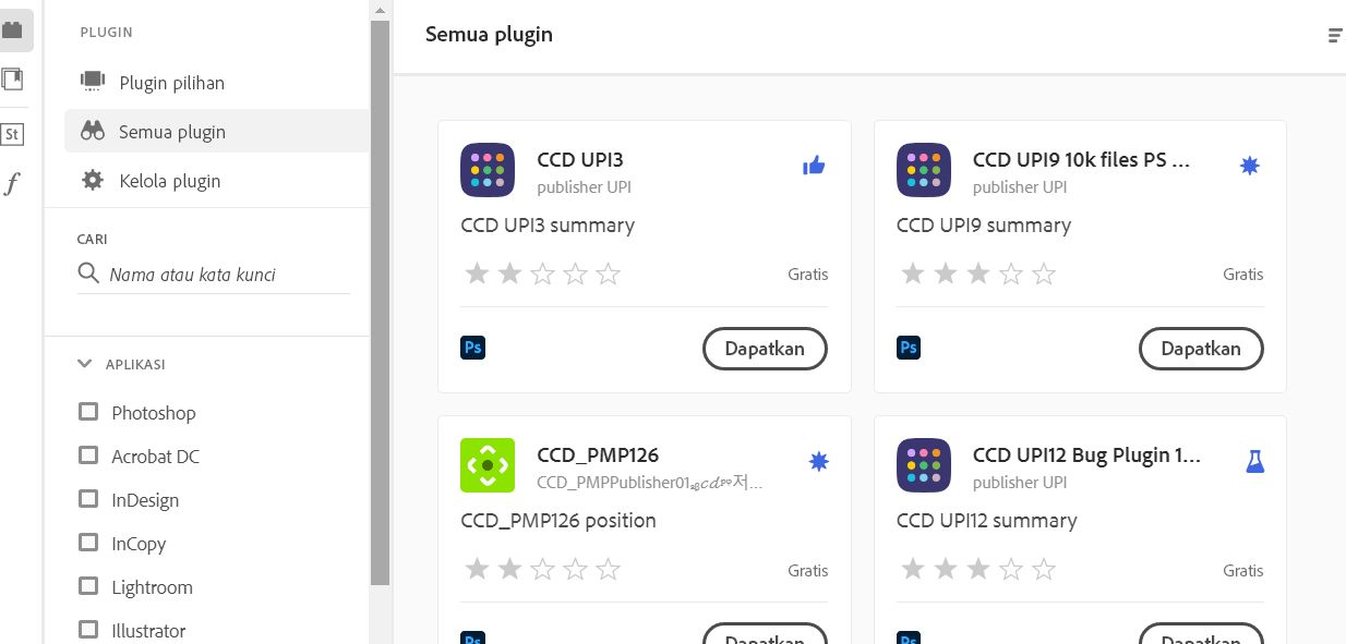 daftar plugin di Creative Cloud untuk Desktop