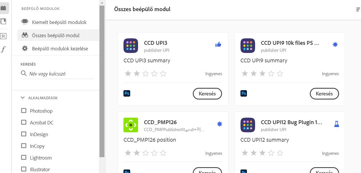 a Creative Cloud asztali verziójában található bővítmények listája