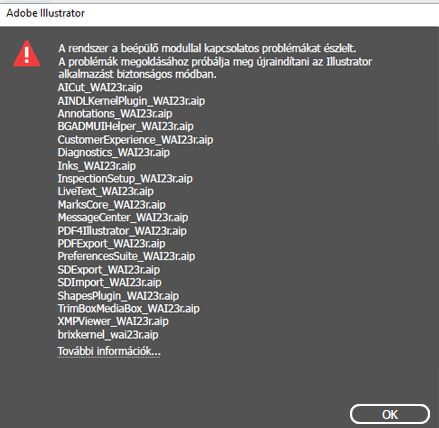 Beépülő modullal kapcsolatos problémák hibaüzenetének párbeszédablaka