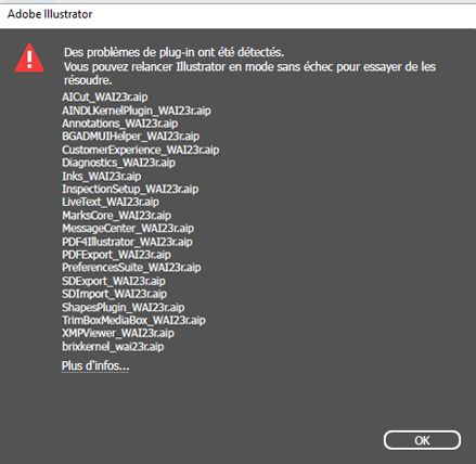 Boîte de dialogue d’erreur indiquant un problème de plug-in