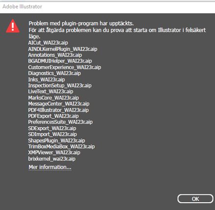 Dialogruta med felmeddelande om problem med plugin-program