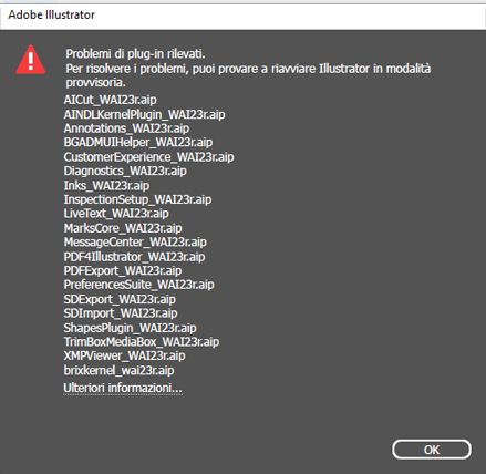 Finestra di dialogo con messaggio di errore per problemi con il plug-in
