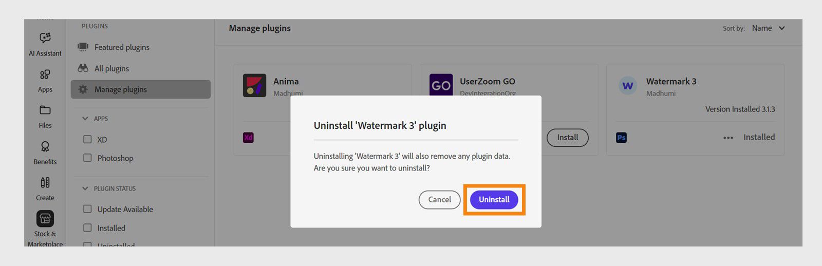 Caseta de dialog de confirmare a pluginului din aplicația desktop Creative Cloud afișează opțiunile Dezinstalare sau Anulare.