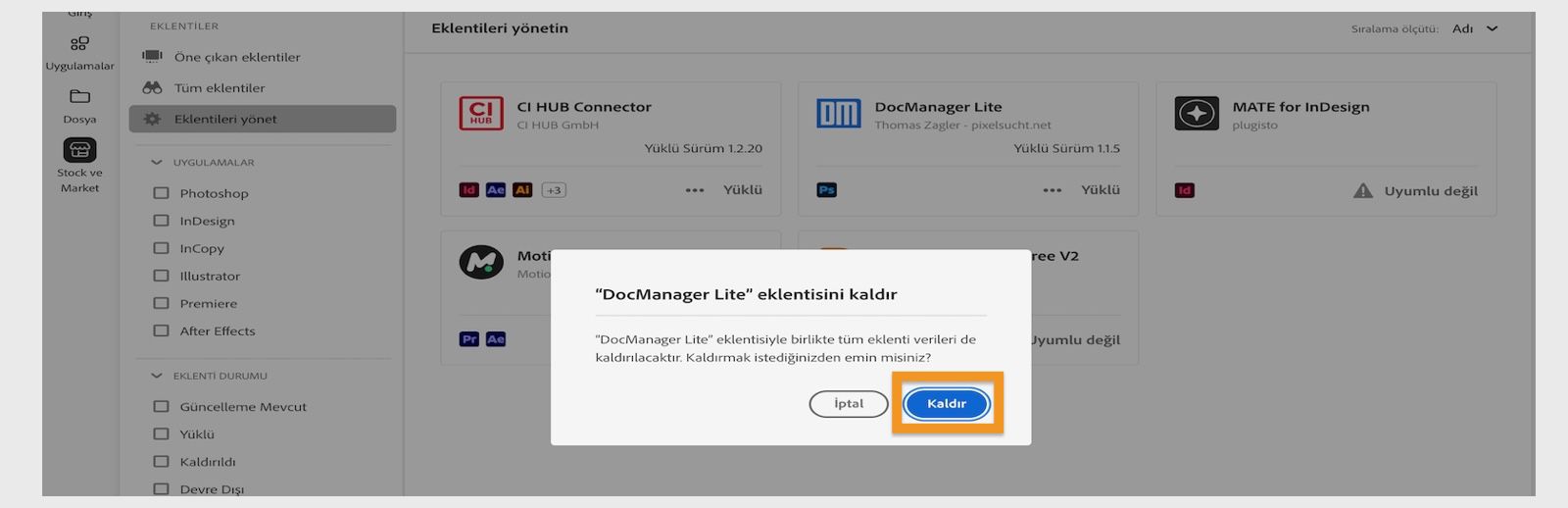 Creative Cloud masaüstü uygulamasındaki eklenti onay iletişim kutusunda, Kaldır veya İptal seçenekleri görüntülenir.